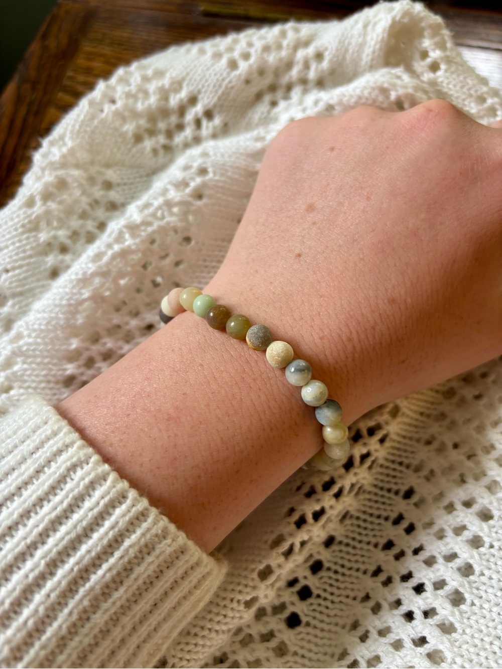 Amazonite Stretch Bracelet Coastal Boho Earthy Beaded Jewelry Blue Green Cream